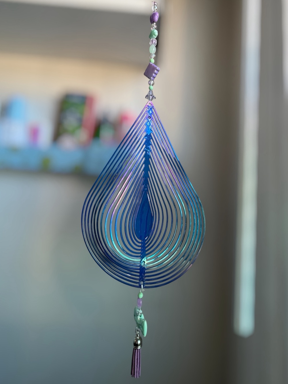 Handmade Raindrop Wind Catcher Purple and Green Whimsical Beaded Hanging Decor
